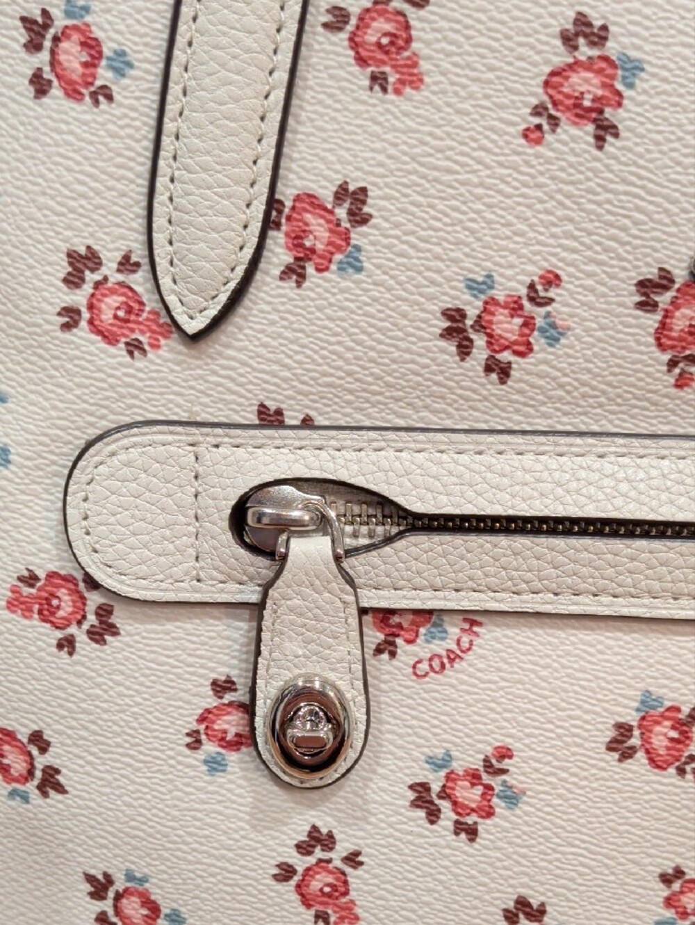 Coach Cream Tote with Pink Floral Print and Tan Leather Tag - Picture 4 of 17